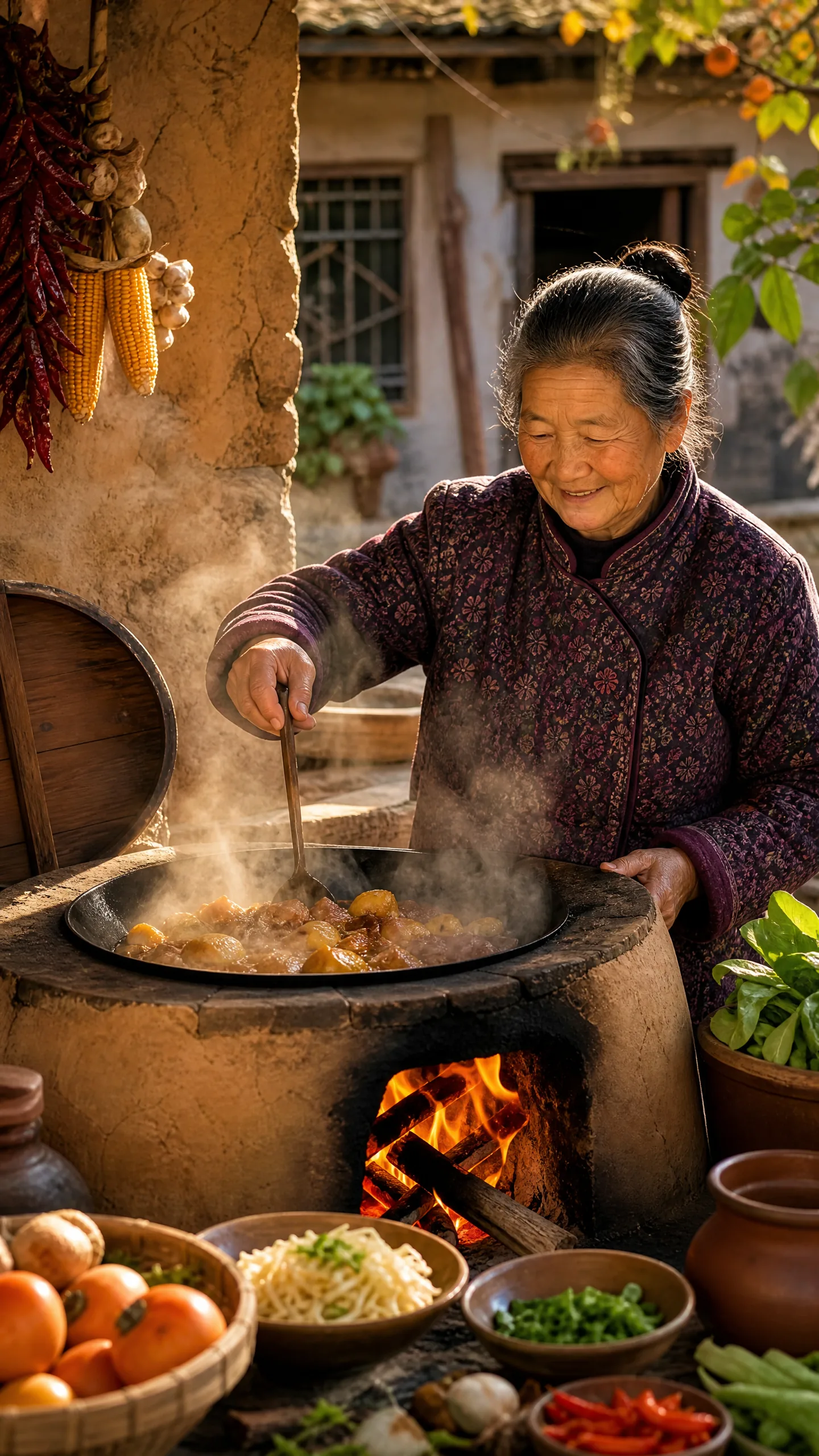 乡村奶奶用土灶烹饪美食